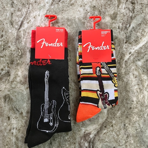 2 Pair His & Hers Fender Black and Striped Guitar Socks - Picture 1 of 4